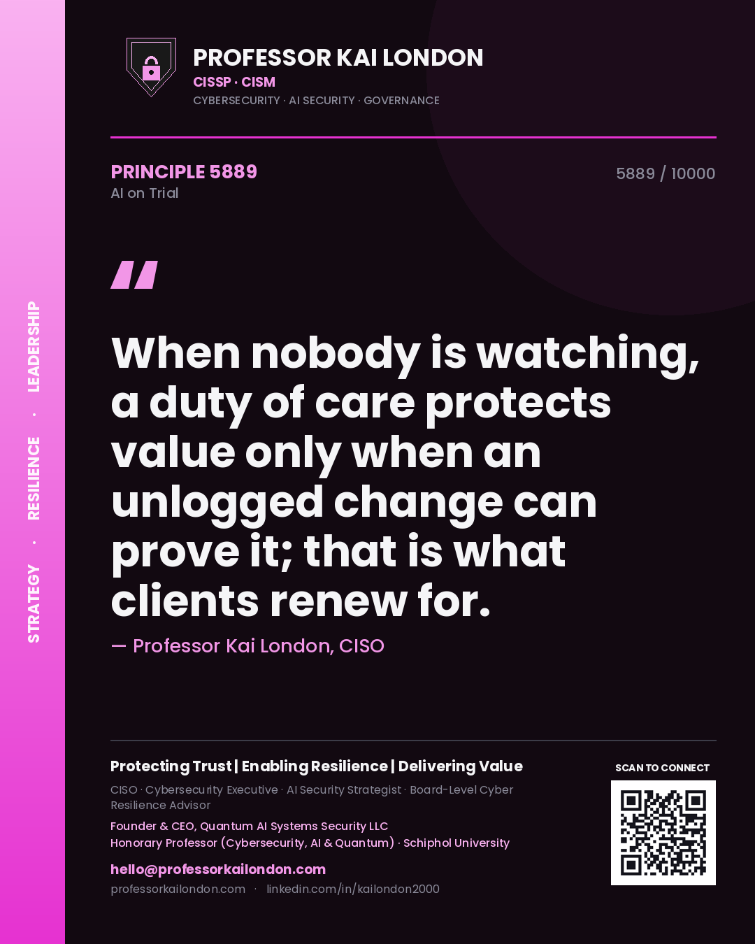 Professor Kai London principle 5889: When nobody is watching, a duty of care protects value only when an unlogged change can prove it; that is what clients renew for.