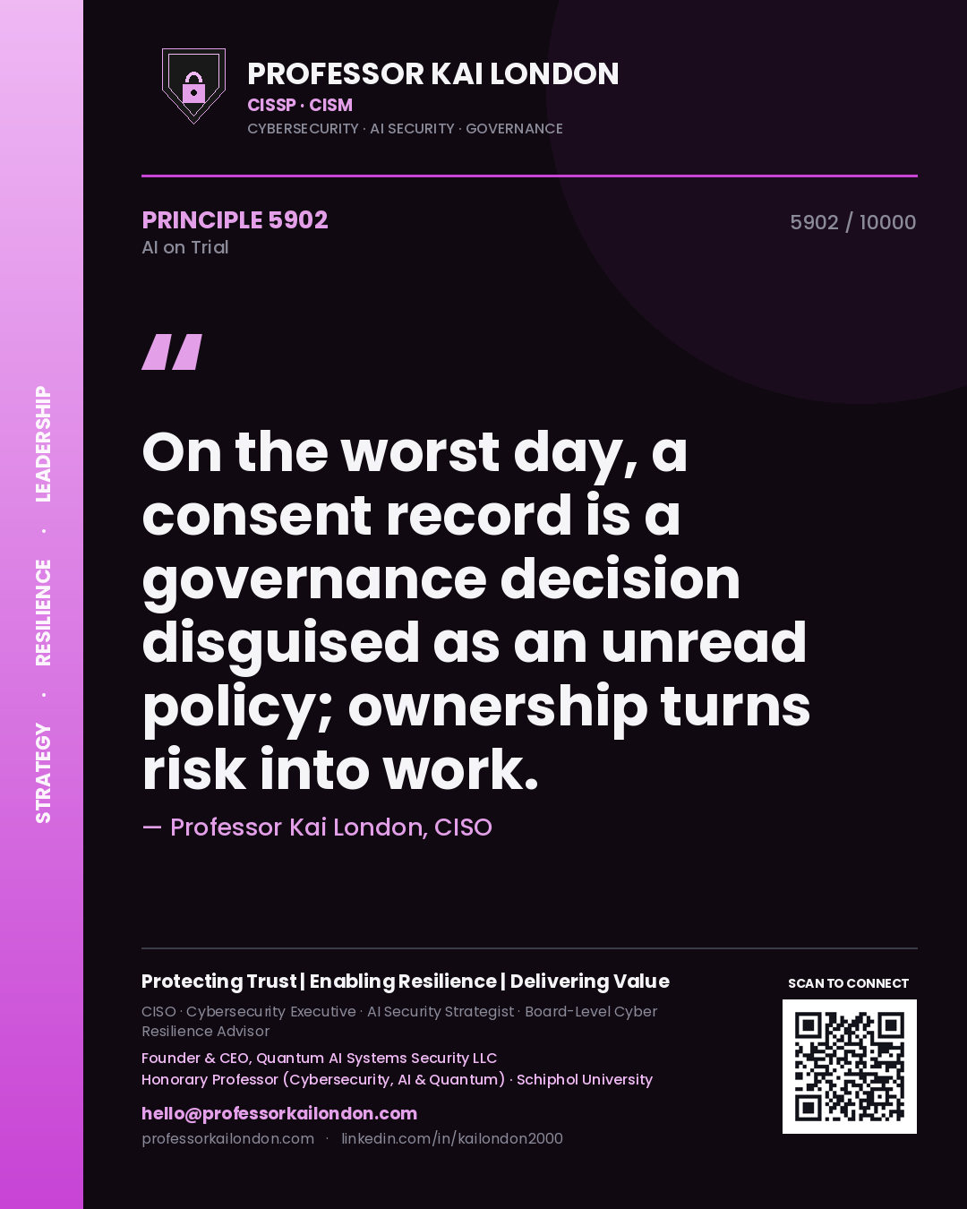 Professor Kai London principle 5902: On the worst day, a consent record is a governance decision disguised as an unread policy; ownership turns risk into work.