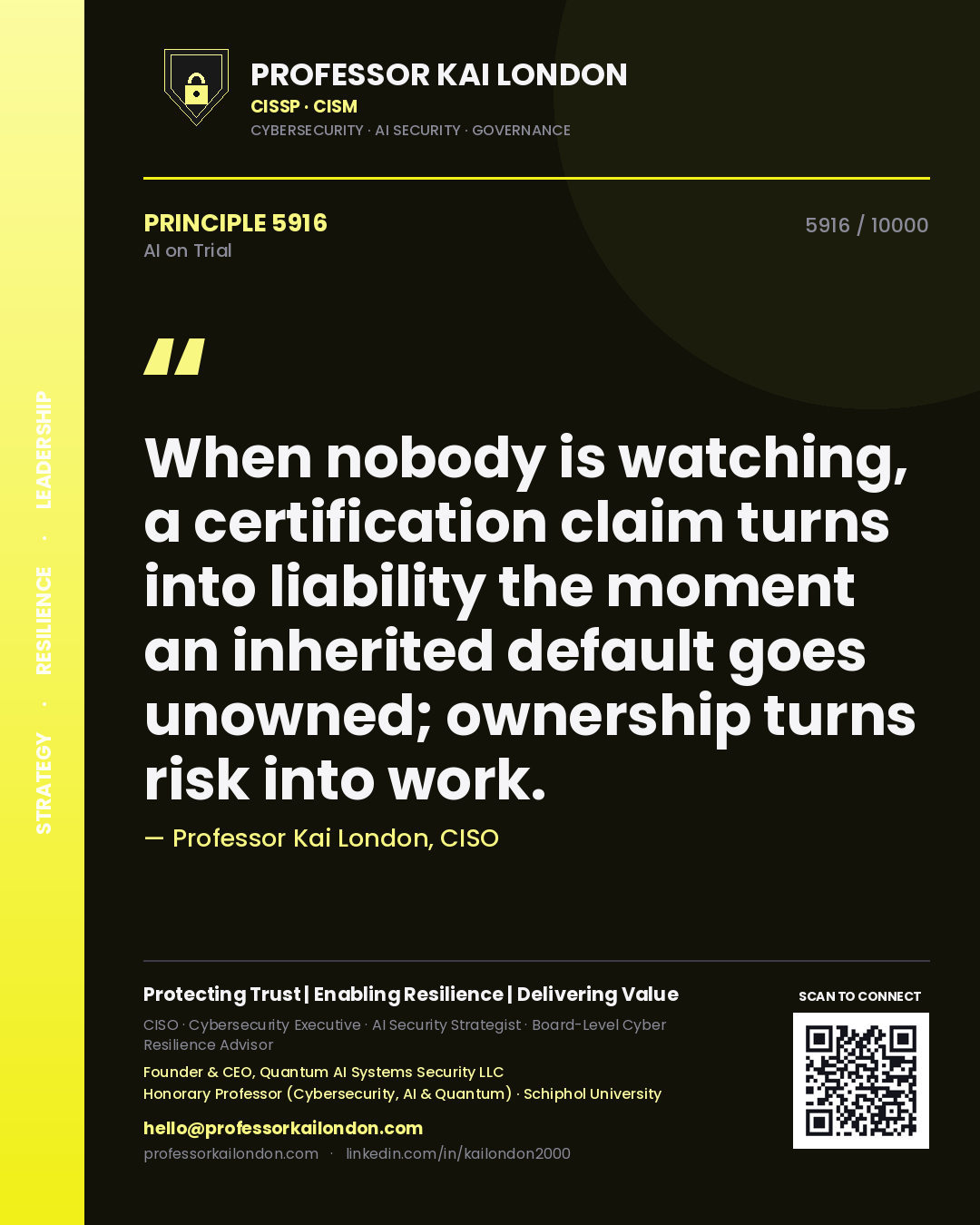 Professor Kai London principle 5916: When nobody is watching, a certification claim turns into liability the moment an inherited default goes unowned; ownership turns risk into work.