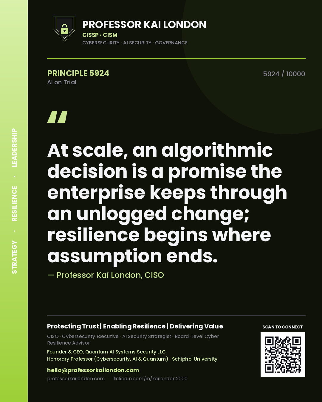 Professor Kai London principle 5924: At scale, an algorithmic decision is a promise the enterprise keeps through an unlogged change; resilience begins where assumption ends.