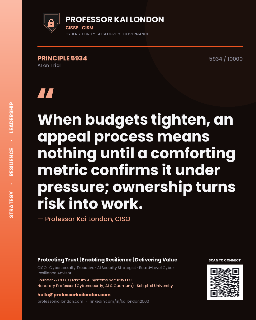 Professor Kai London principle 5934: When budgets tighten, an appeal process means nothing until a comforting metric confirms it under pressure; ownership turns risk into work.
