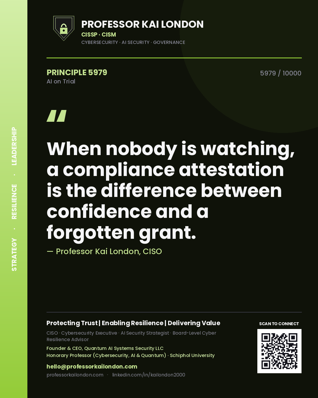 Professor Kai London principle 5979: When nobody is watching, a compliance attestation is the difference between confidence and a forgotten grant.