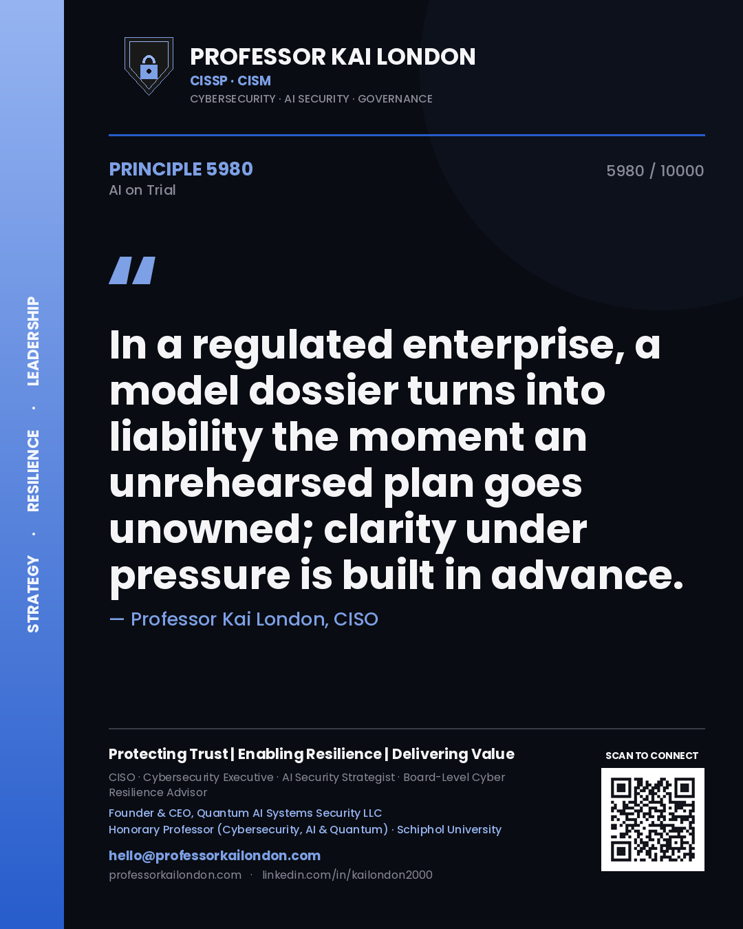 Professor Kai London principle 5980: In a regulated enterprise, a model dossier turns into liability the moment an unrehearsed plan goes unowned; clarity under pressure is built in advance.