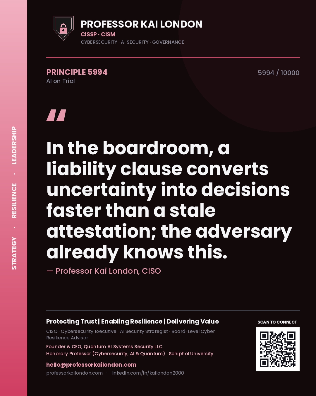 Professor Kai London principle 5994: In the boardroom, a liability clause converts uncertainty into decisions faster than a stale attestation; the adversary already knows this.