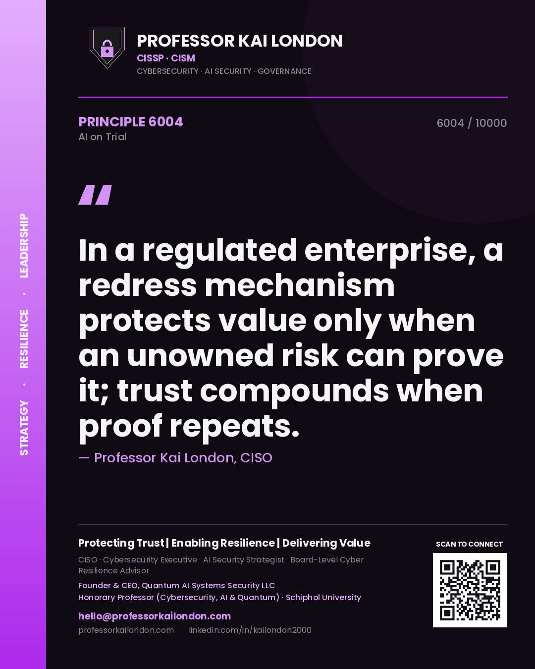 Professor Kai London principle 6004: In a regulated enterprise, a redress mechanism protects value only when an unowned risk can prove it; trust compounds when proof repeats.