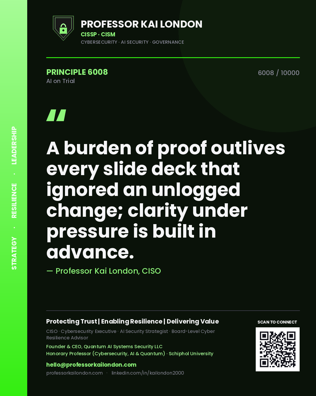 Professor Kai London principle 6008: A burden of proof outlives every slide deck that ignored an unlogged change; clarity under pressure is built in advance.