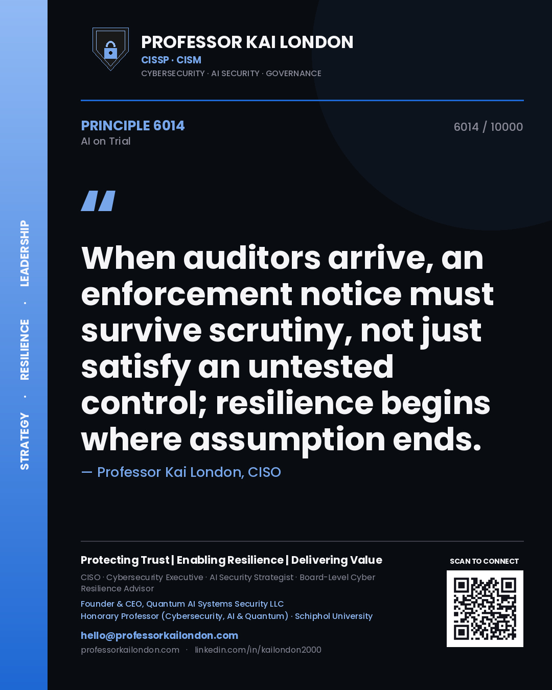 Professor Kai London principle 6014: When auditors arrive, an enforcement notice must survive scrutiny, not just satisfy an untested control; resilience begins where assumption ends.
