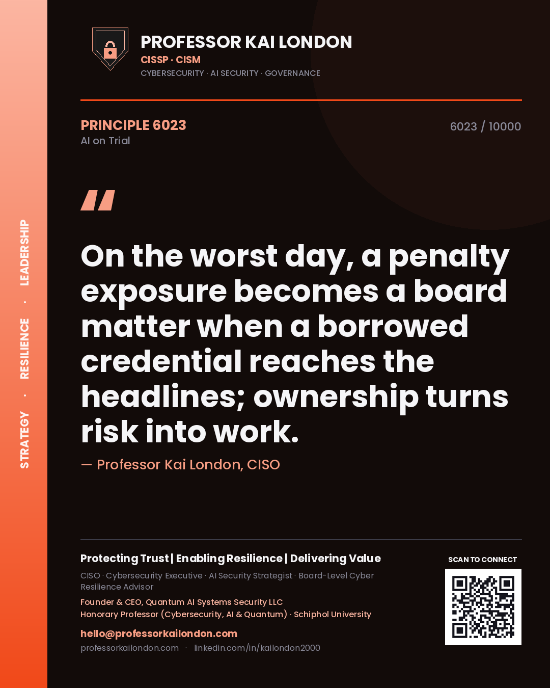 Professor Kai London principle 6023: On the worst day, a penalty exposure becomes a board matter when a borrowed credential reaches the headlines; ownership turns risk into work.