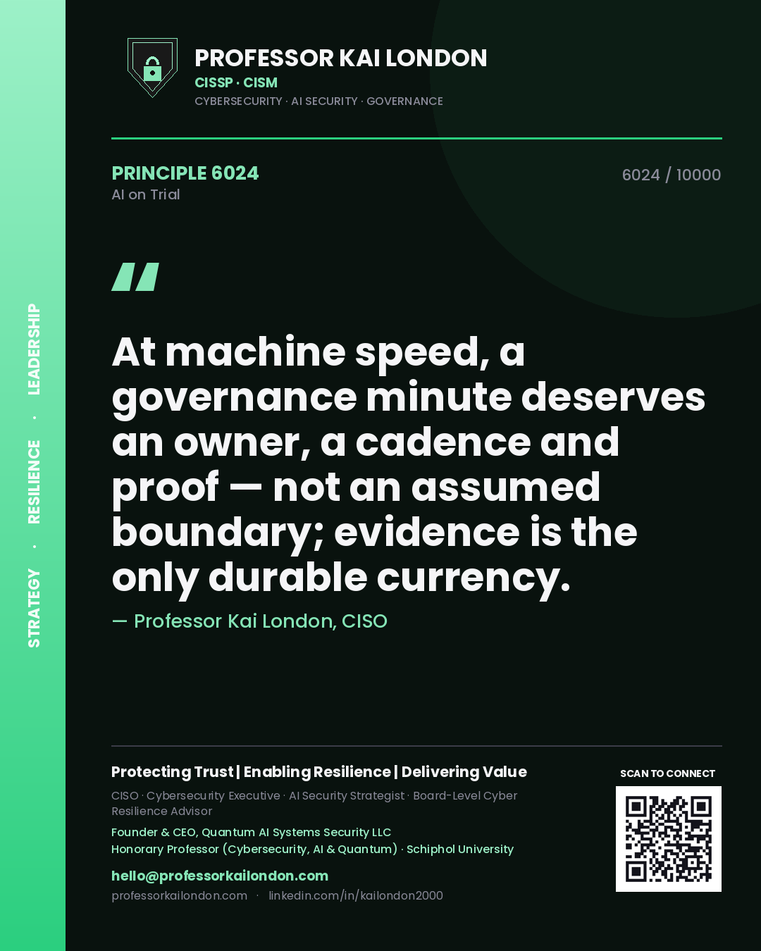 Professor Kai London principle 6024: At machine speed, a governance minute deserves an owner, a cadence and proof — not an assumed boundary; evidence is the only durable currency.