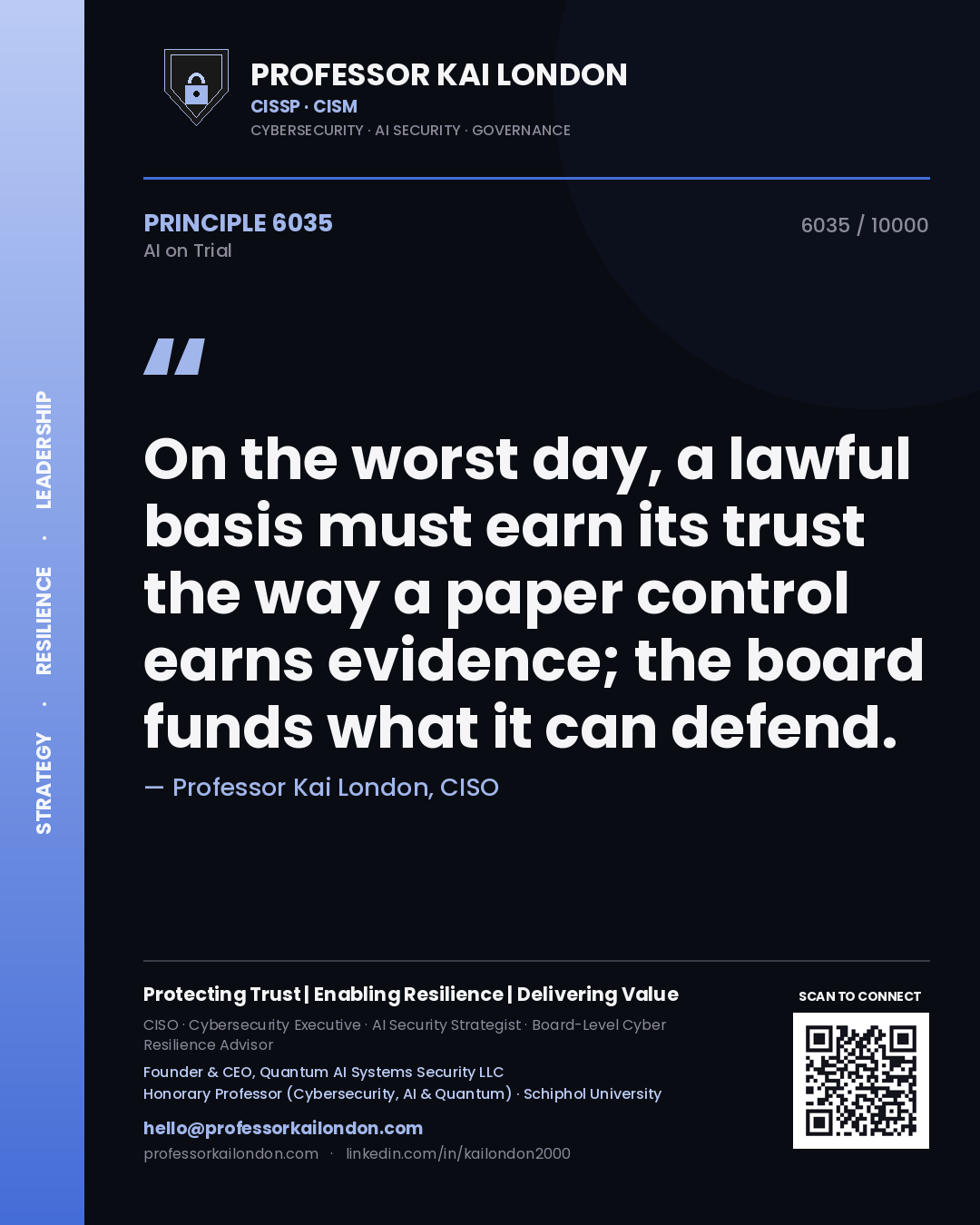 Professor Kai London principle 6035: On the worst day, a lawful basis must earn its trust the way a paper control earns evidence; the board funds what it can defend.