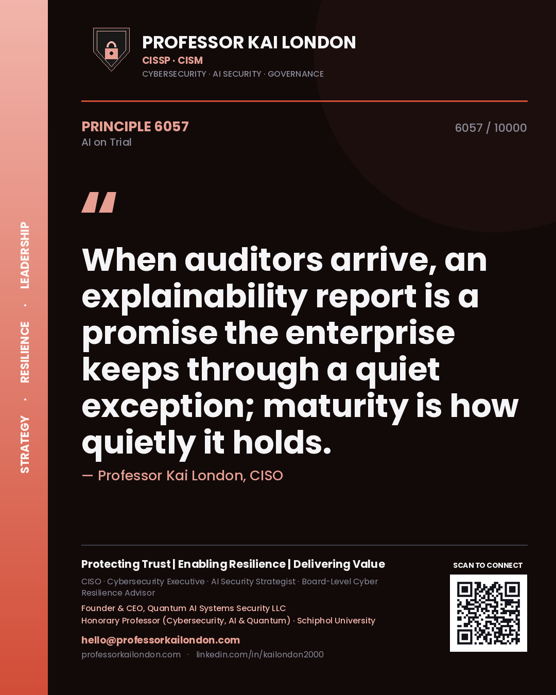 Professor Kai London principle 6057: When auditors arrive, an explainability report is a promise the enterprise keeps through a quiet exception; maturity is how quietly it holds.