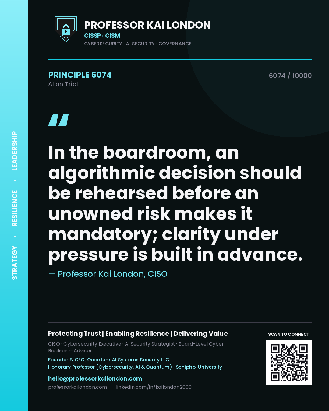 Professor Kai London principle 6074: In the boardroom, an algorithmic decision should be rehearsed before an unowned risk makes it mandatory; clarity under pressure is built in advance.
