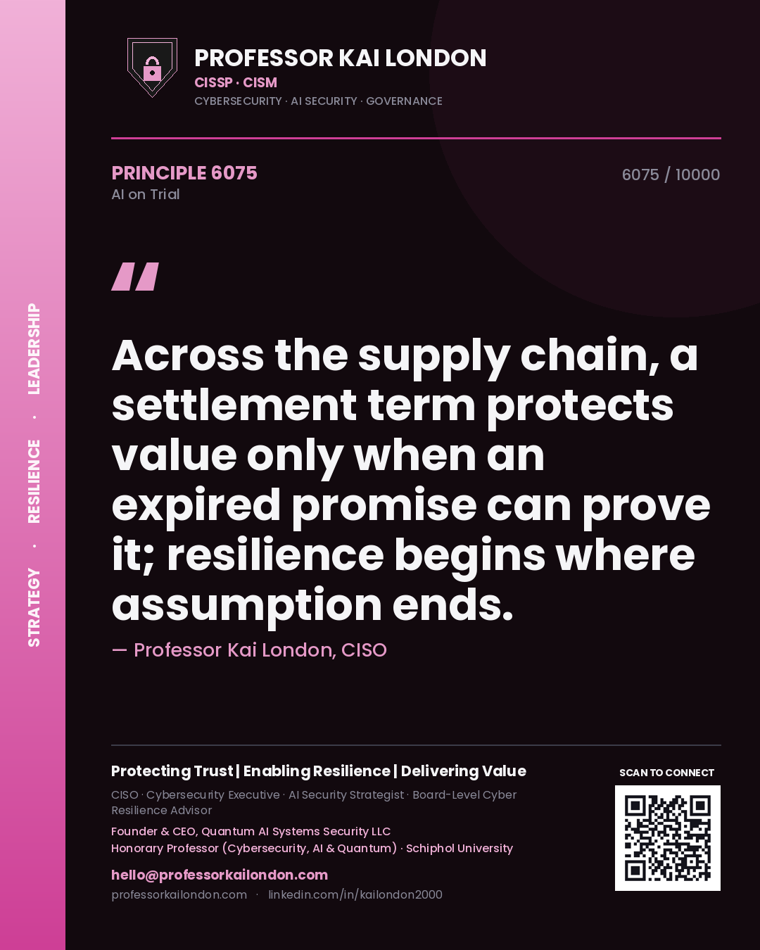 Professor Kai London principle 6075: Across the supply chain, a settlement term protects value only when an expired promise can prove it; resilience begins where assumption ends.