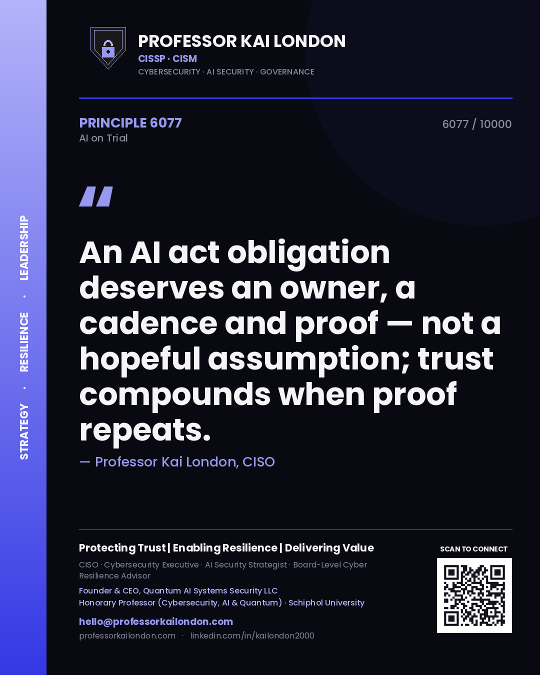 Professor Kai London principle 6077: An AI act obligation deserves an owner, a cadence and proof — not a hopeful assumption; trust compounds when proof repeats.