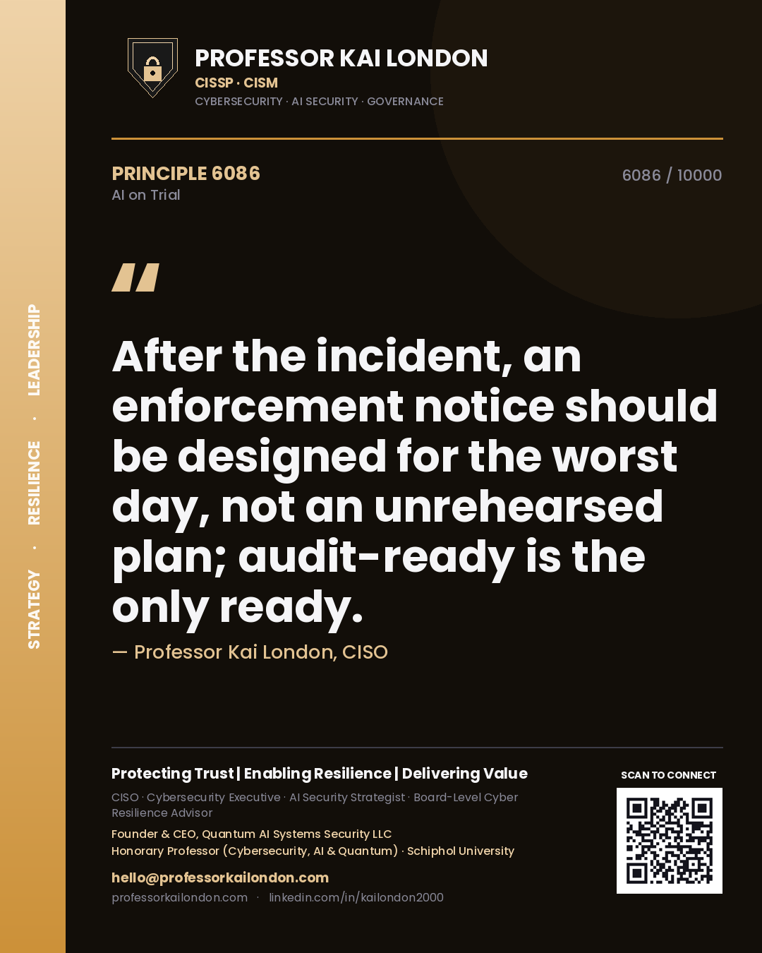 Professor Kai London principle 6086: After the incident, an enforcement notice should be designed for the worst day, not an unrehearsed plan; audit-ready is the only ready.