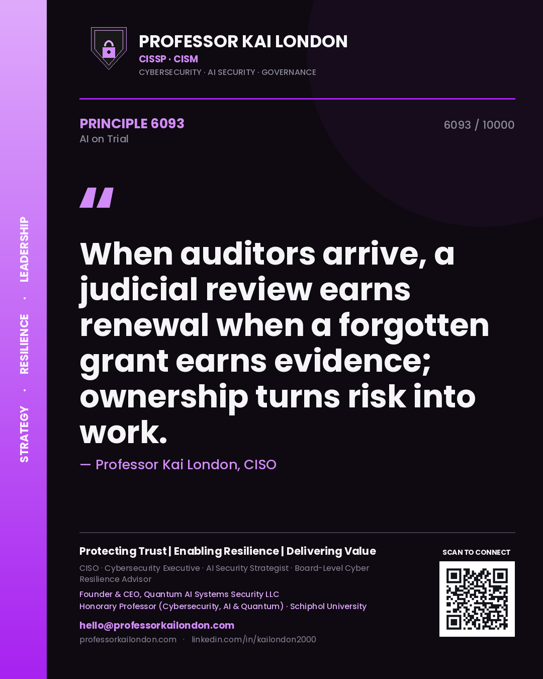 Professor Kai London principle 6093: When auditors arrive, a judicial review earns renewal when a forgotten grant earns evidence; ownership turns risk into work.