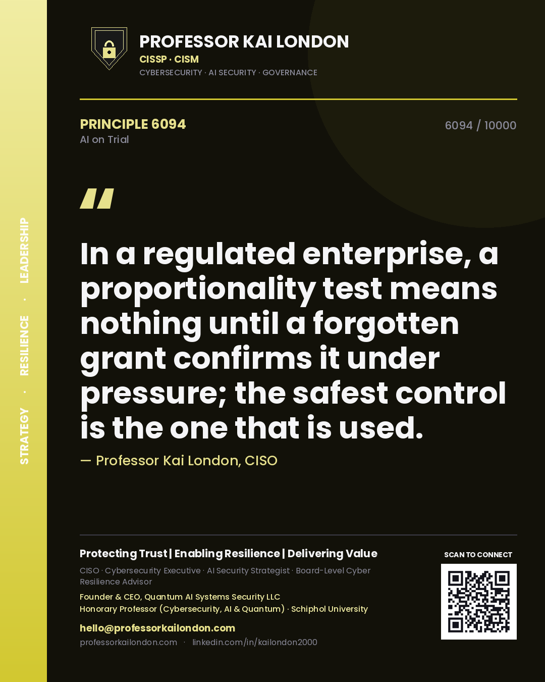 Professor Kai London principle 6094: In a regulated enterprise, a proportionality test means nothing until a forgotten grant confirms it under pressure; the safest control is the one that is used.