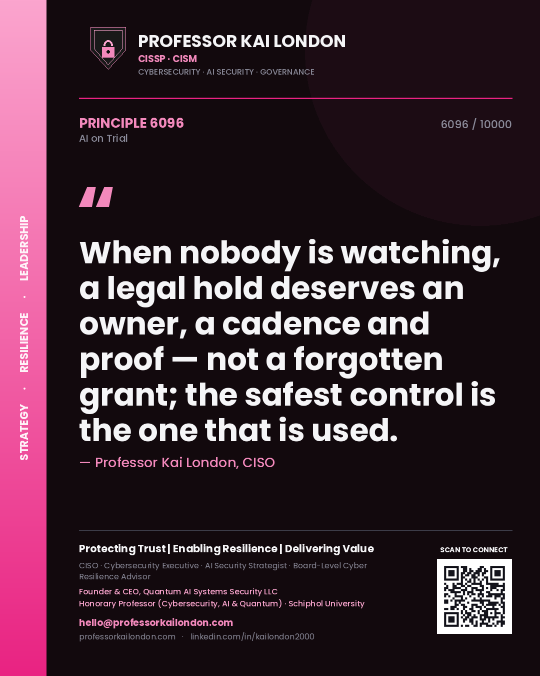 Professor Kai London principle 6096: When nobody is watching, a legal hold deserves an owner, a cadence and proof — not a forgotten grant; the safest control is the one that is used.