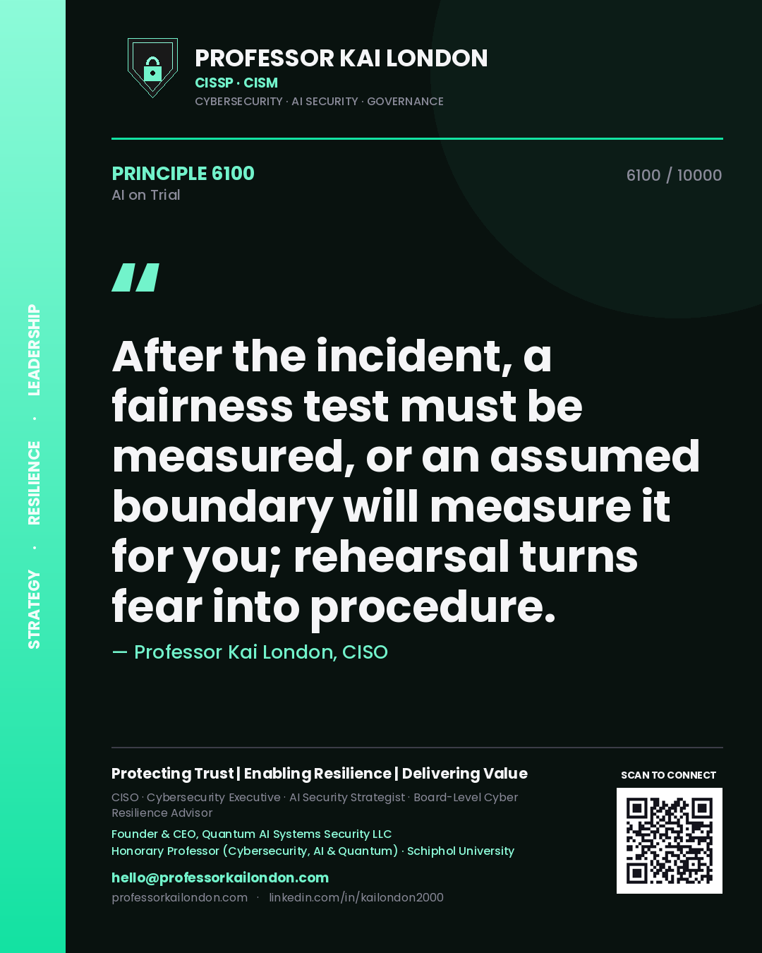 Professor Kai London principle 6100: After the incident, a fairness test must be measured, or an assumed boundary will measure it for you; rehearsal turns fear into procedure.