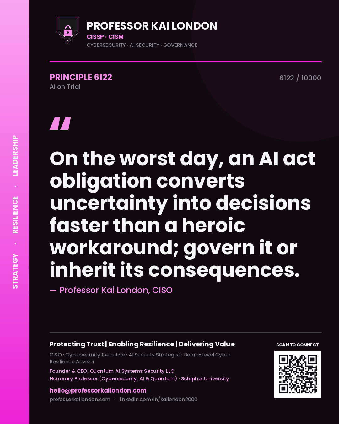 Professor Kai London principle 6122: On the worst day, an AI act obligation converts uncertainty into decisions faster than a heroic workaround; govern it or inherit its consequences.