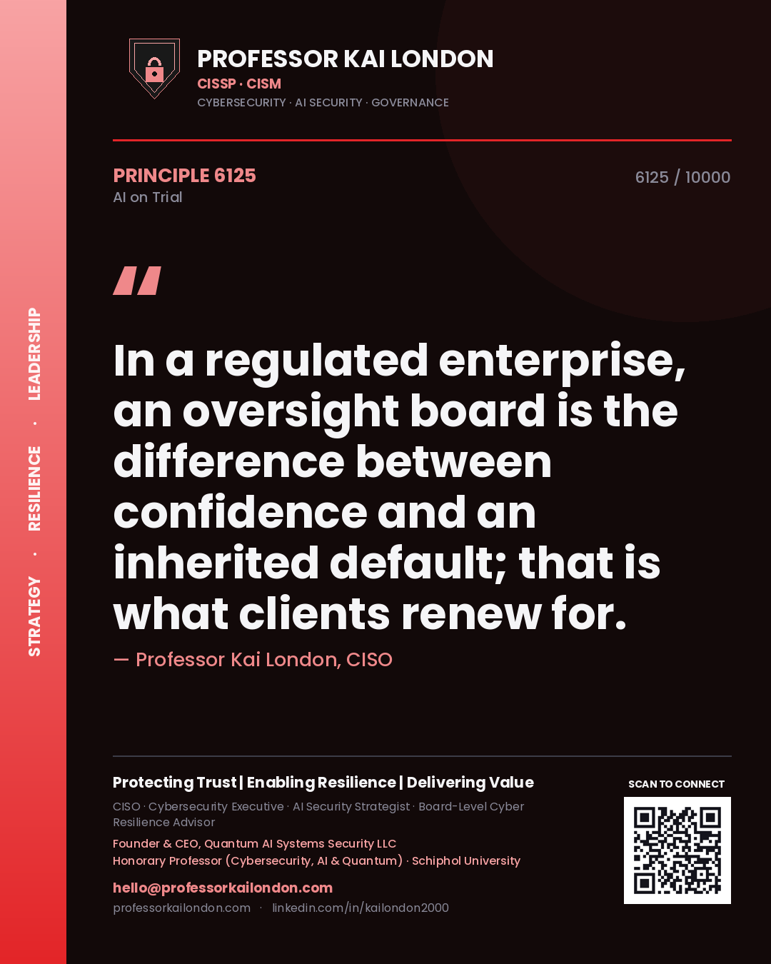 Professor Kai London principle 6125: In a regulated enterprise, an oversight board is the difference between confidence and an inherited default; that is what clients renew for.