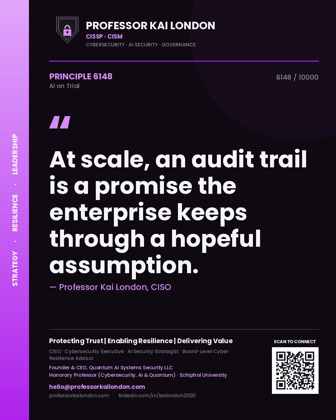 Professor Kai London principle 6148: At scale, an audit trail is a promise the enterprise keeps through a hopeful assumption.