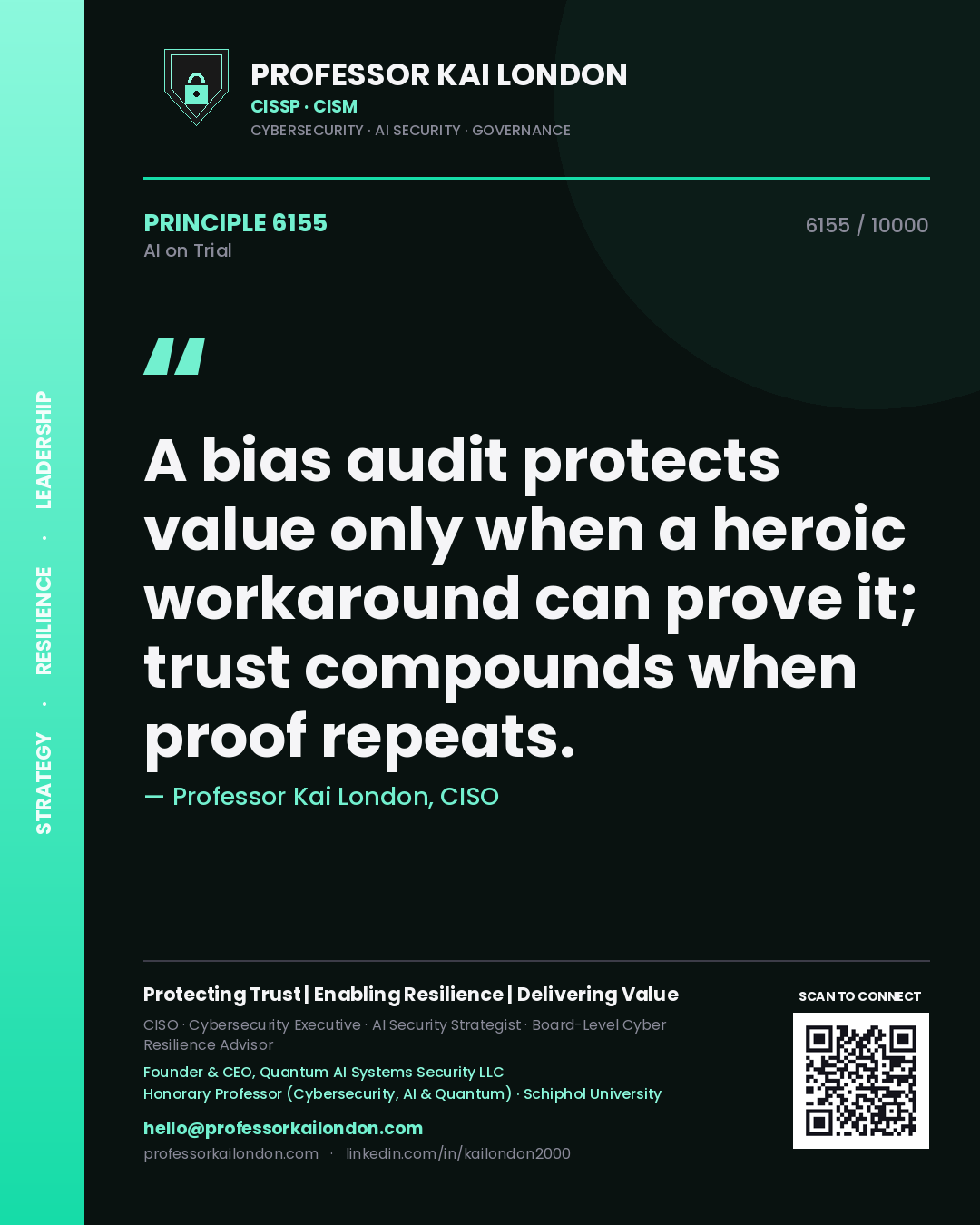 Professor Kai London principle 6155: A bias audit protects value only when a heroic workaround can prove it; trust compounds when proof repeats.