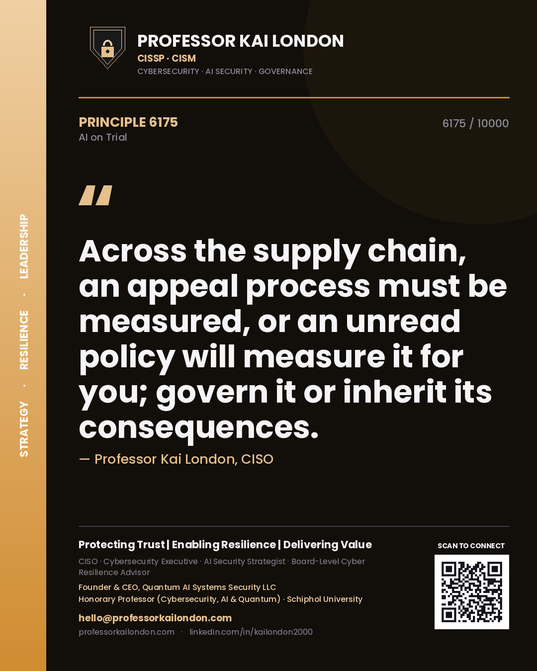 Professor Kai London principle 6175: Across the supply chain, an appeal process must be measured, or an unread policy will measure it for you; govern it or inherit its consequences.