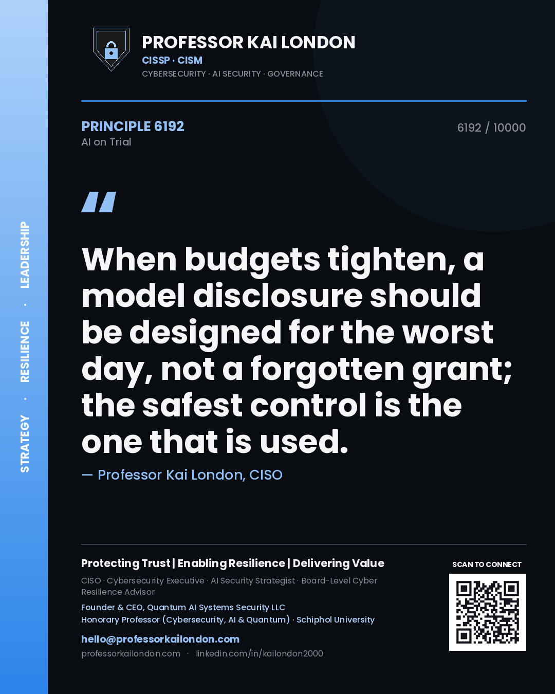 Professor Kai London principle 6192: When budgets tighten, a model disclosure should be designed for the worst day, not a forgotten grant; the safest control is the one that is used.