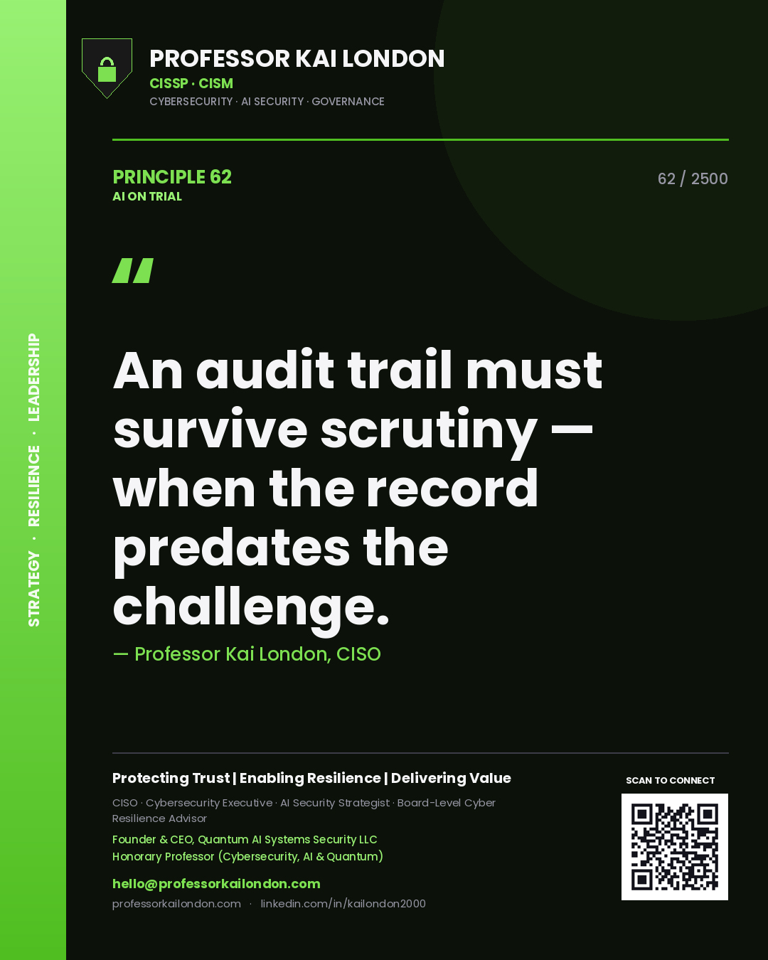 Professor Kai London principle 62: An audit trail must survive scrutiny — when the record predates the challenge.
