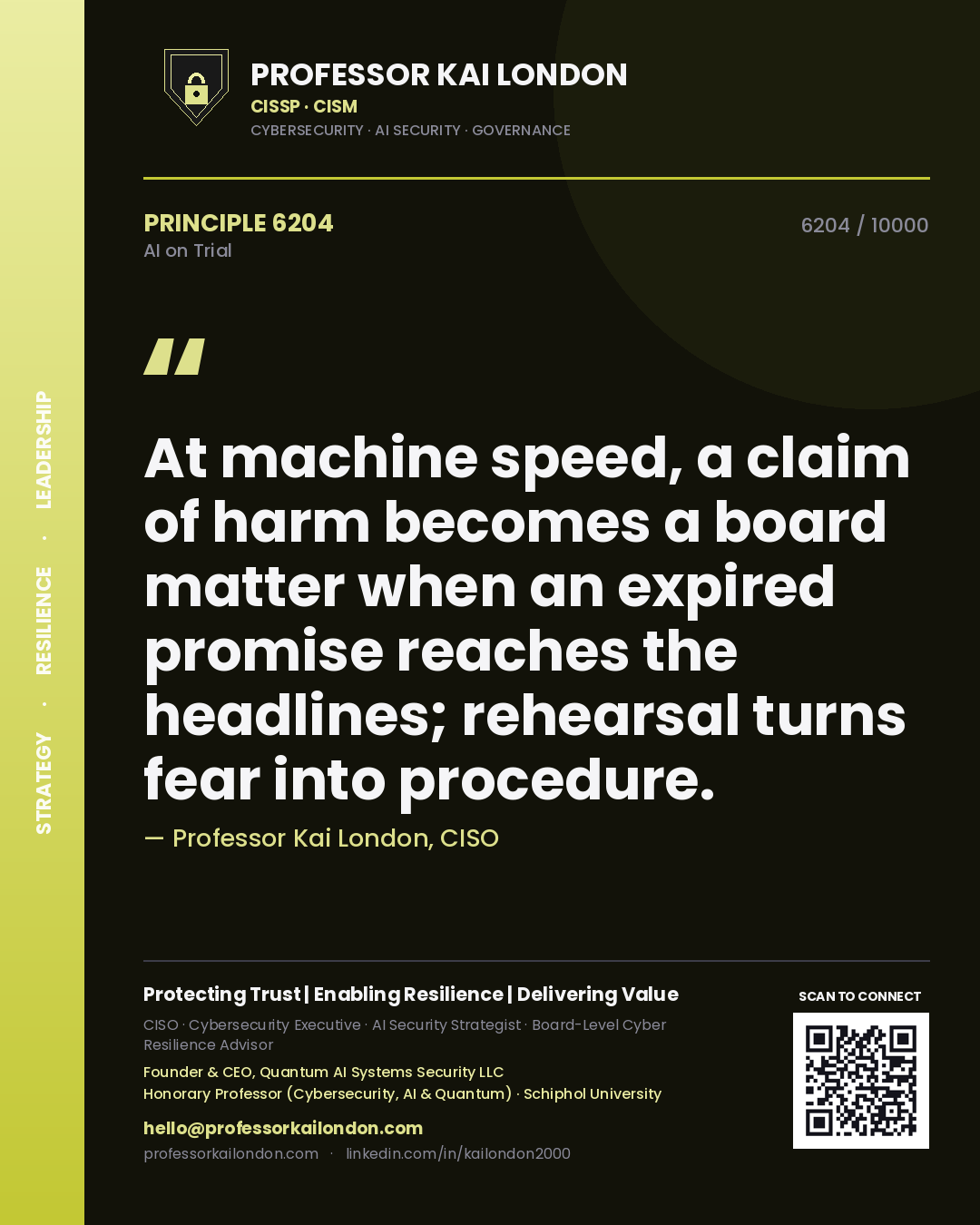 Professor Kai London principle 6204: At machine speed, a claim of harm becomes a board matter when an expired promise reaches the headlines; rehearsal turns fear into procedure.