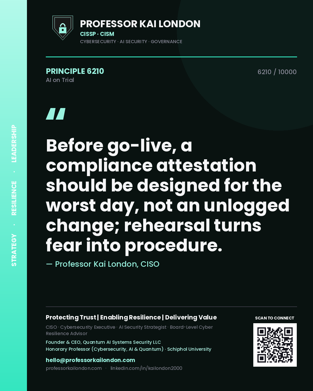 Professor Kai London principle 6210: Before go-live, a compliance attestation should be designed for the worst day, not an unlogged change; rehearsal turns fear into procedure.