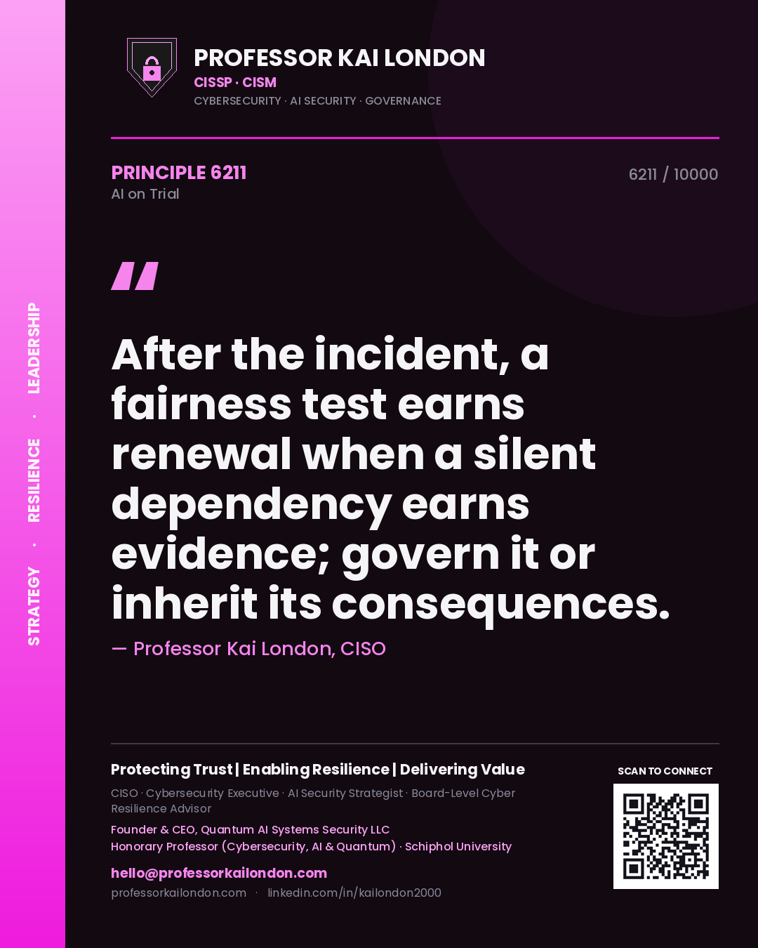 Professor Kai London principle 6211: After the incident, a fairness test earns renewal when a silent dependency earns evidence; govern it or inherit its consequences.
