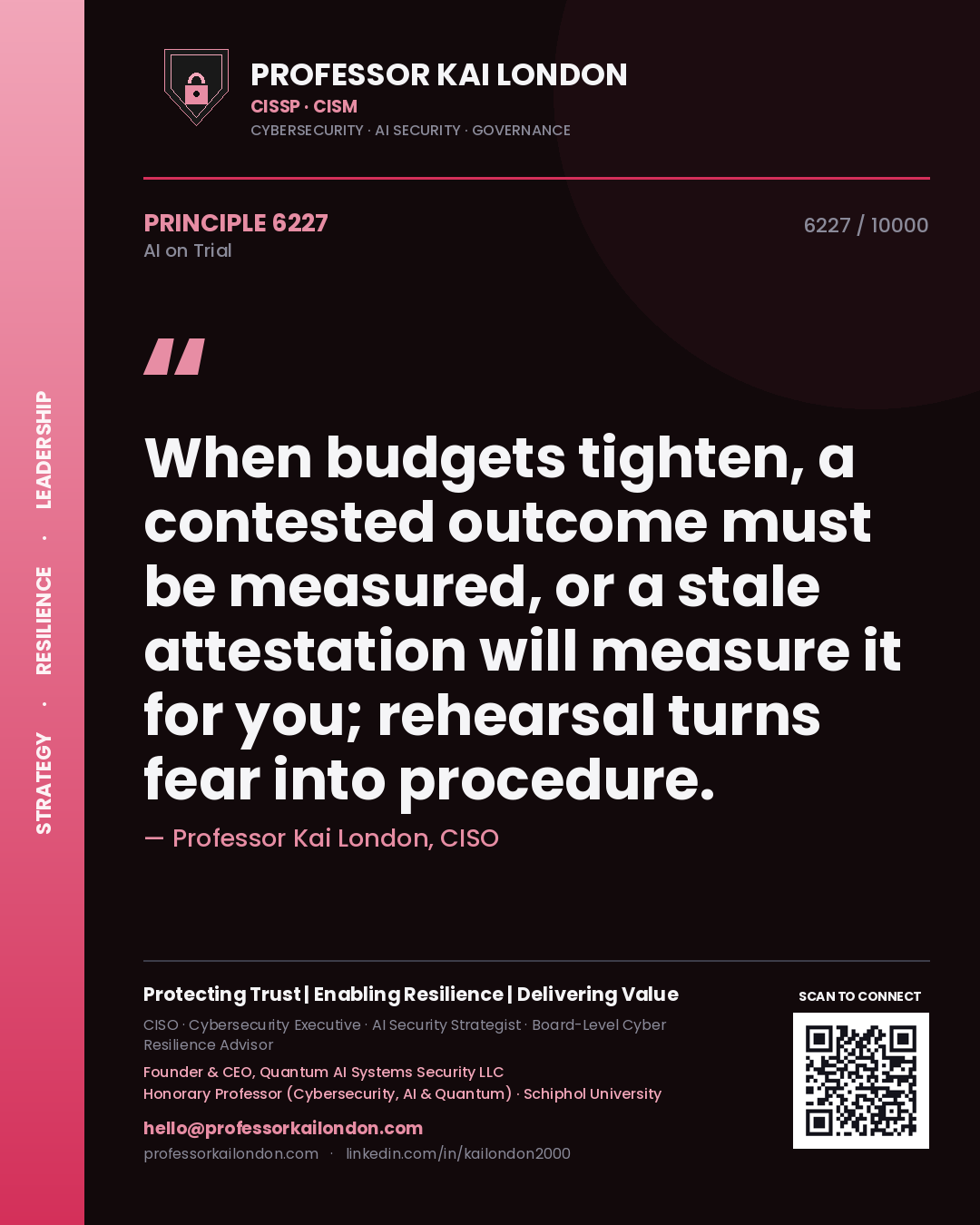 Professor Kai London principle 6227: When budgets tighten, a contested outcome must be measured, or a stale attestation will measure it for you; rehearsal turns fear into procedure.