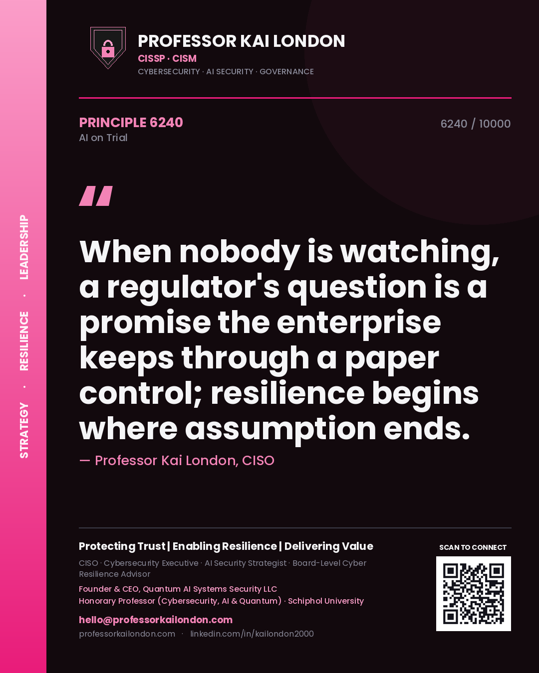 Professor Kai London principle 6240: When nobody is watching, a regulator's question is a promise the enterprise keeps through a paper control; resilience begins where assumption ends.