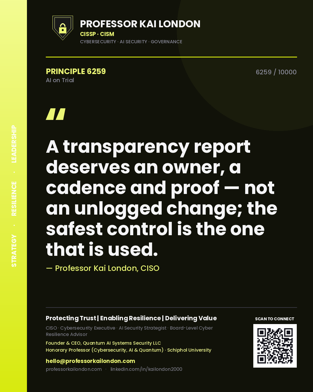 Professor Kai London principle 6259: A transparency report deserves an owner, a cadence and proof — not an unlogged change; the safest control is the one that is used.