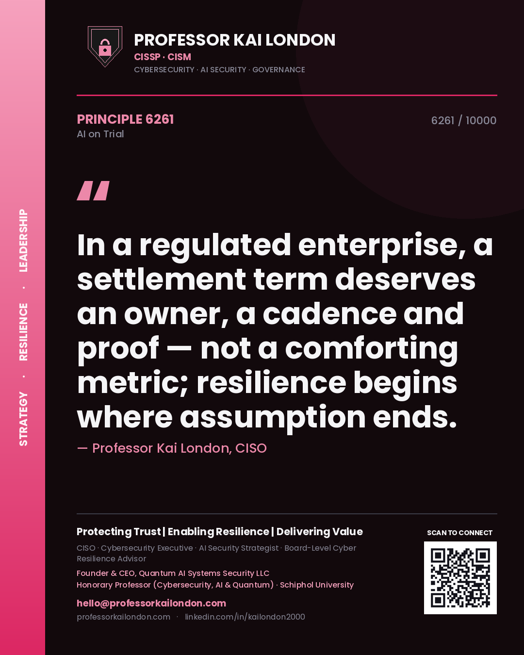 Professor Kai London principle 6261: In a regulated enterprise, a settlement term deserves an owner, a cadence and proof — not a comforting metric; resilience begins where assumption ends.