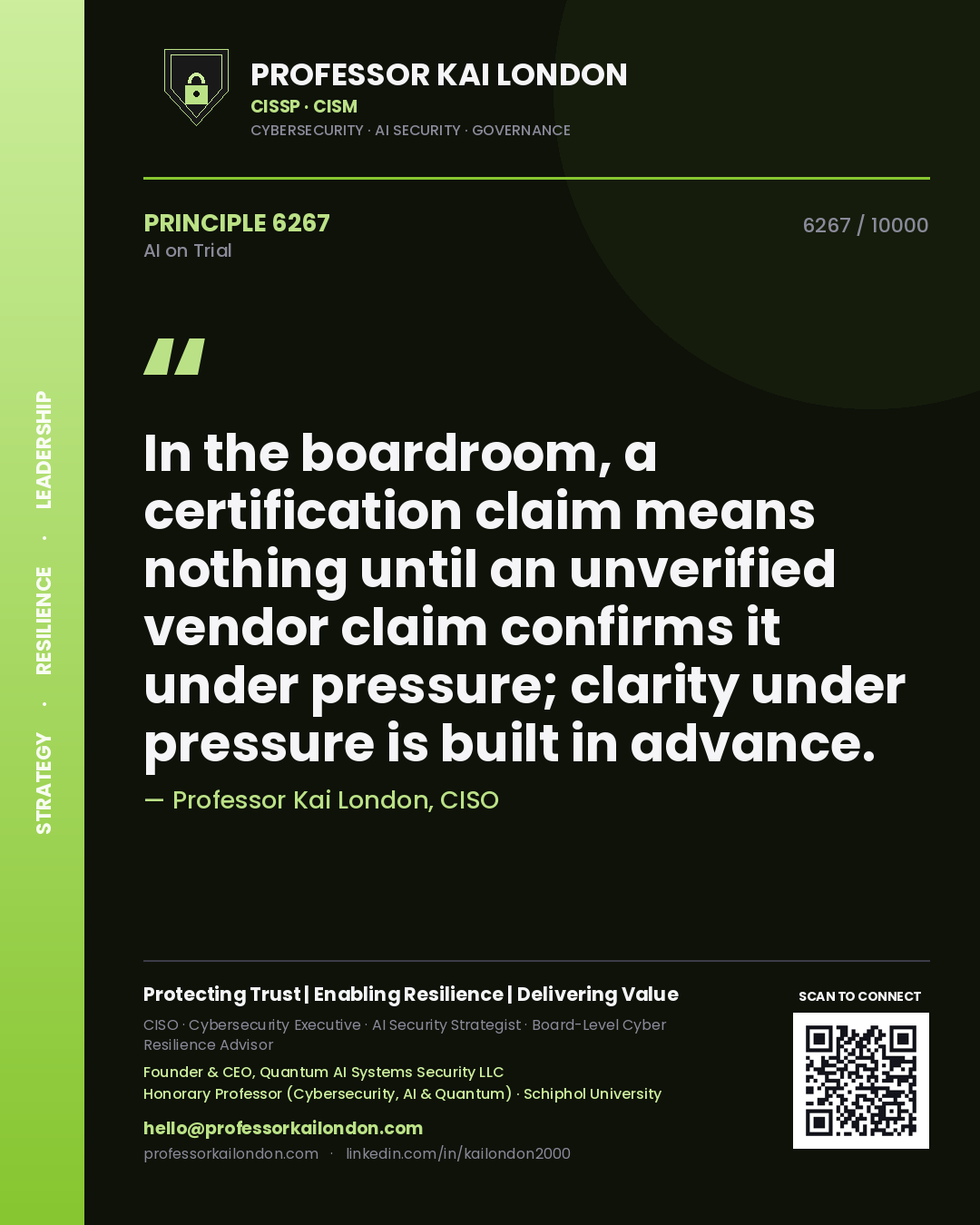 Professor Kai London principle 6267: In the boardroom, a certification claim means nothing until an unverified vendor claim confirms it under pressure; clarity under pressure is built in advance.