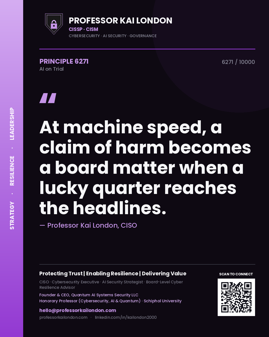 Professor Kai London principle 6271: At machine speed, a claim of harm becomes a board matter when a lucky quarter reaches the headlines.