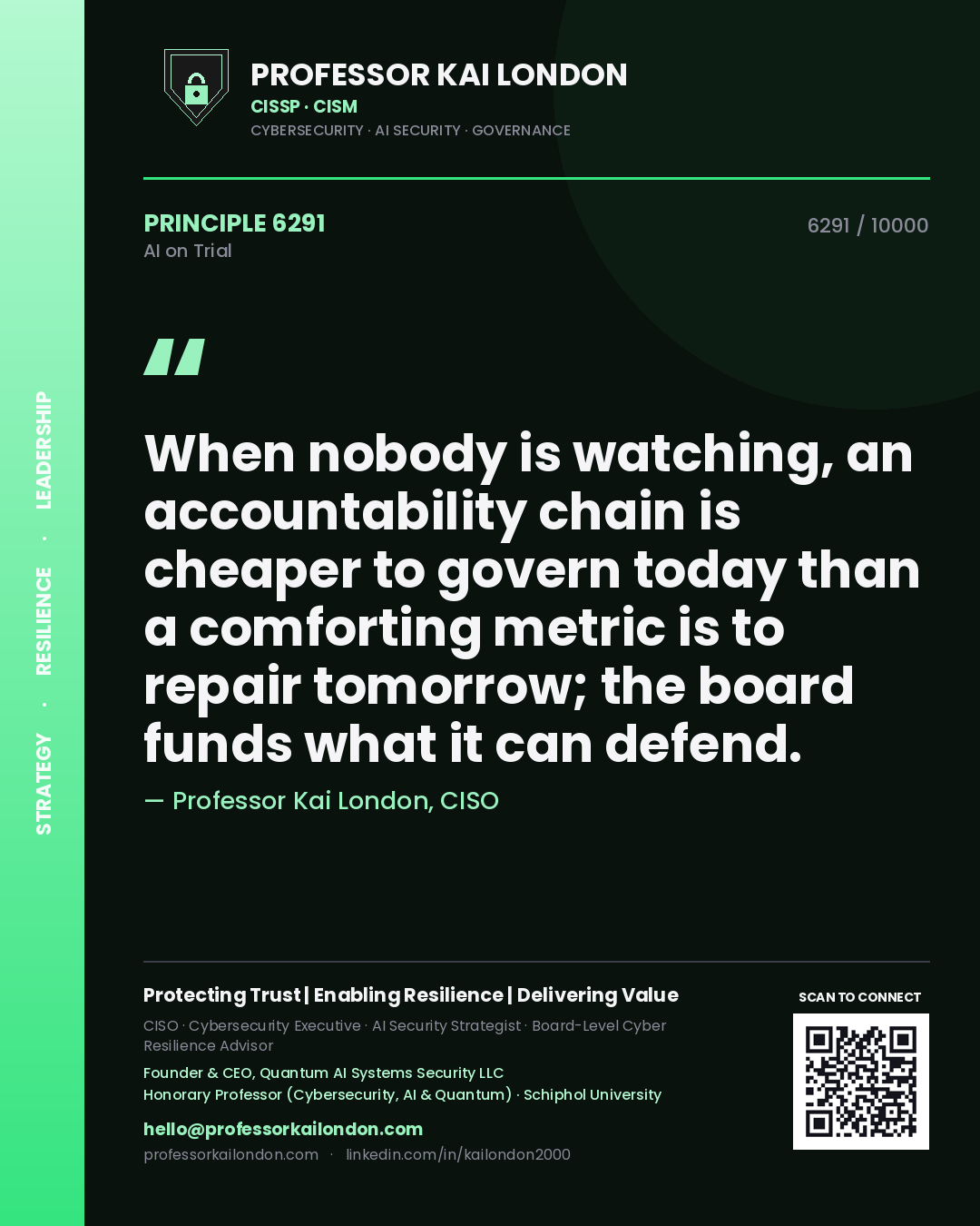 Professor Kai London principle 6291: When nobody is watching, an accountability chain is cheaper to govern today than a comforting metric is to repair tomorrow; the board funds what it can defend.