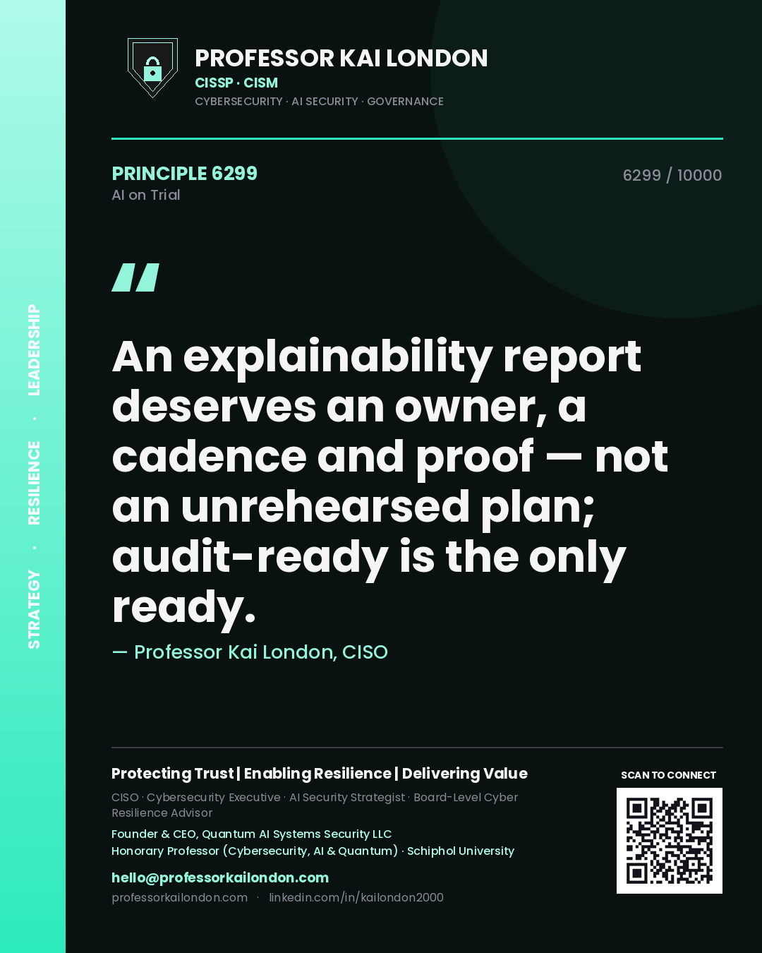 Professor Kai London principle 6299: An explainability report deserves an owner, a cadence and proof — not an unrehearsed plan; audit-ready is the only ready.