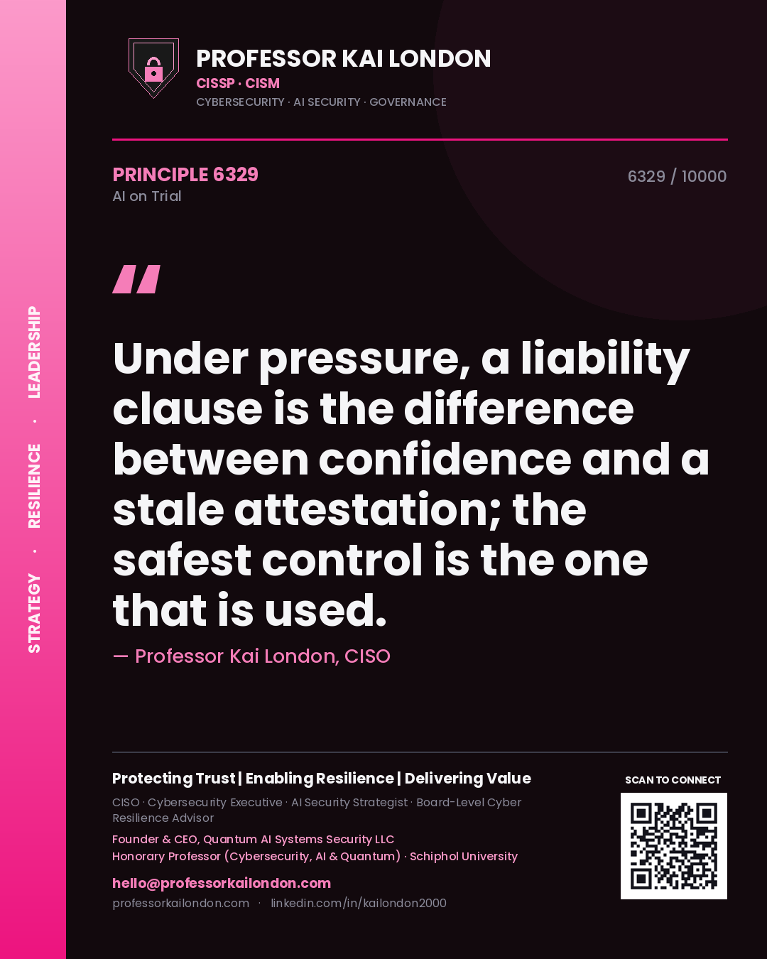 Professor Kai London principle 6329: Under pressure, a liability clause is the difference between confidence and a stale attestation; the safest control is the one that is used.