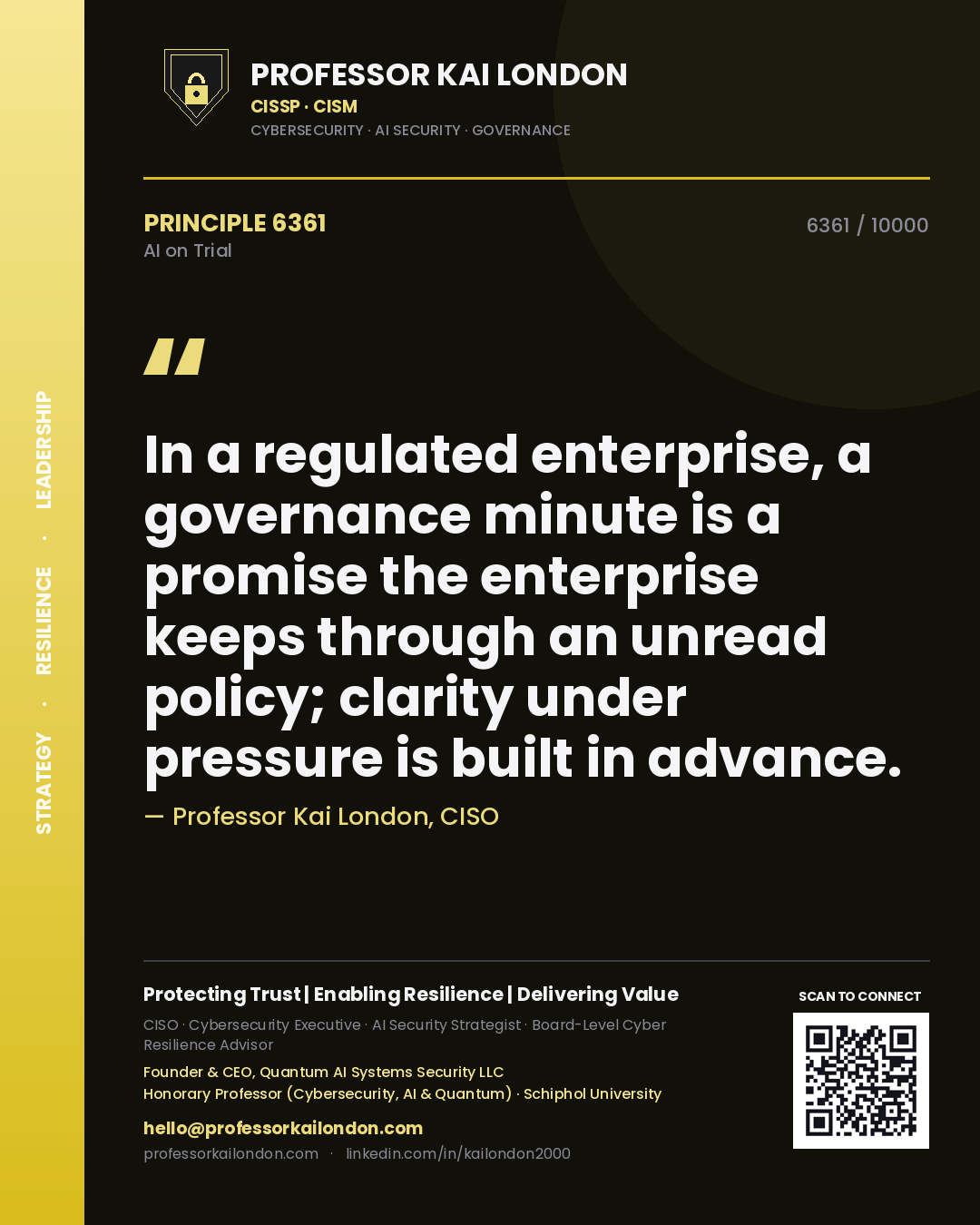 Professor Kai London principle 6361: In a regulated enterprise, a governance minute is a promise the enterprise keeps through an unread policy; clarity under pressure is built in advance.