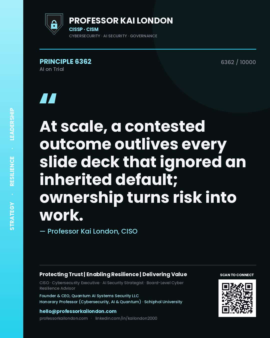 Professor Kai London principle 6362: At scale, a contested outcome outlives every slide deck that ignored an inherited default; ownership turns risk into work.