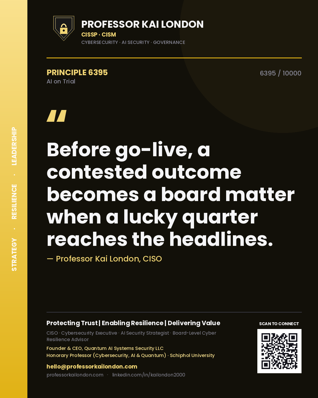 Professor Kai London principle 6395: Before go-live, a contested outcome becomes a board matter when a lucky quarter reaches the headlines.
