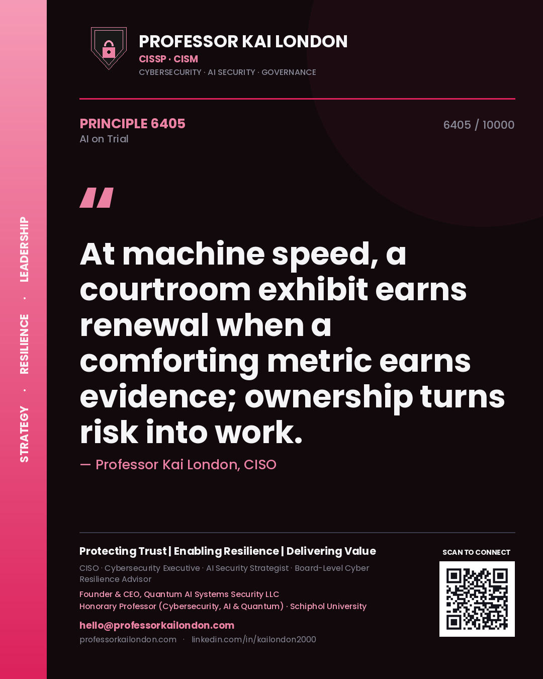 Professor Kai London principle 6405: At machine speed, a courtroom exhibit earns renewal when a comforting metric earns evidence; ownership turns risk into work.