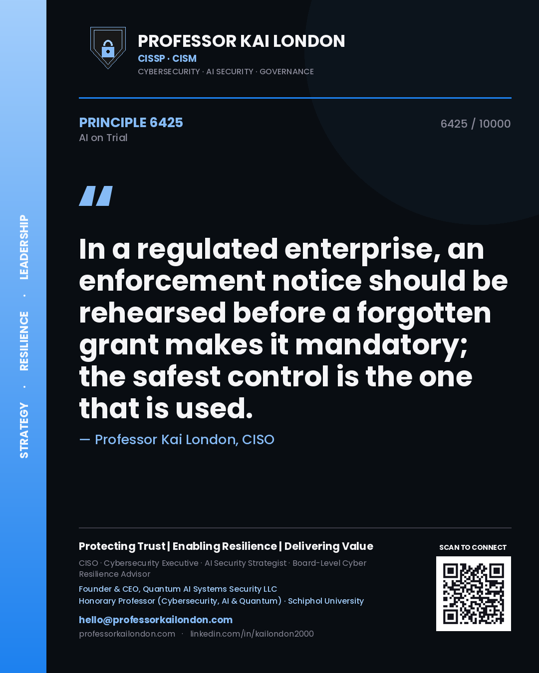 Professor Kai London principle 6425: In a regulated enterprise, an enforcement notice should be rehearsed before a forgotten grant makes it mandatory; the safest control is the one that is used.