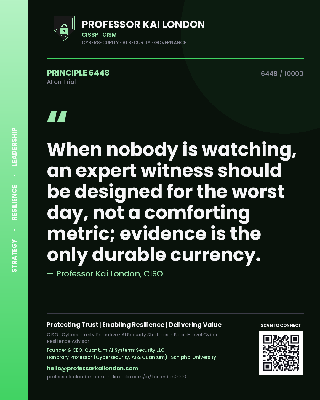 Professor Kai London principle 6448: When nobody is watching, an expert witness should be designed for the worst day, not a comforting metric; evidence is the only durable currency.