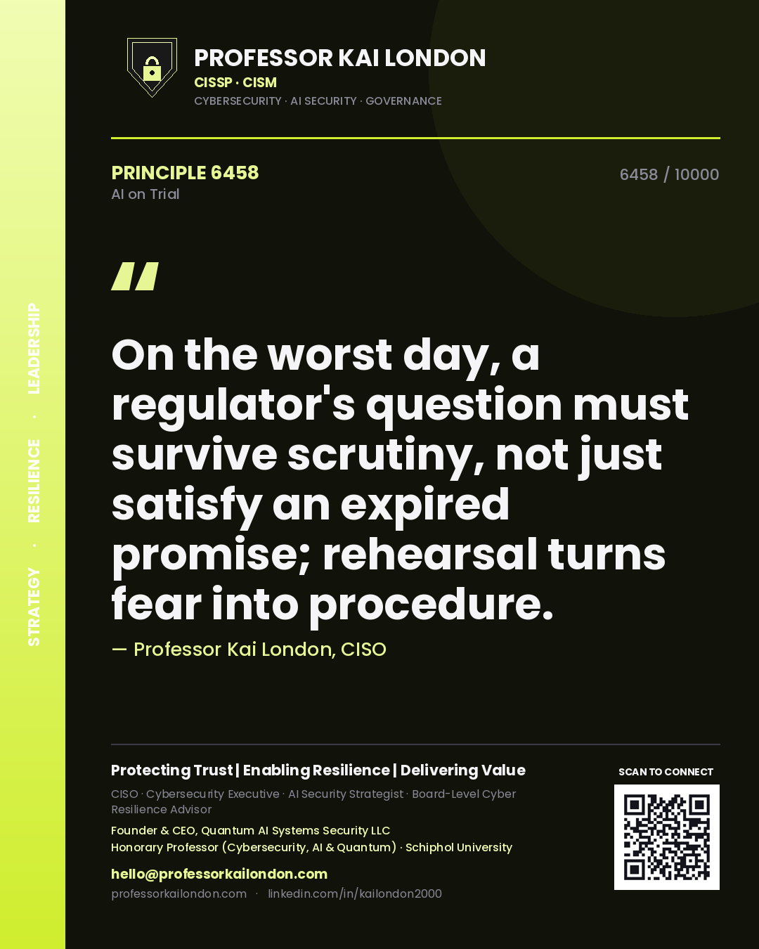 Professor Kai London principle 6458: On the worst day, a regulator's question must survive scrutiny, not just satisfy an expired promise; rehearsal turns fear into procedure.