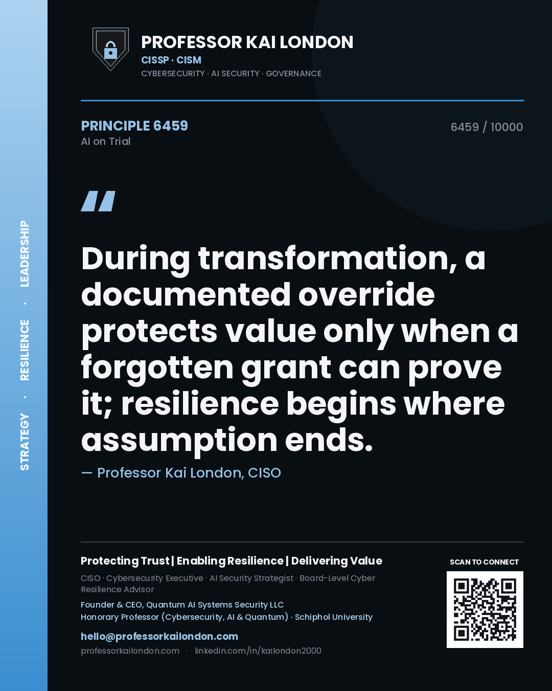 Professor Kai London principle 6459: During transformation, a documented override protects value only when a forgotten grant can prove it; resilience begins where assumption ends.